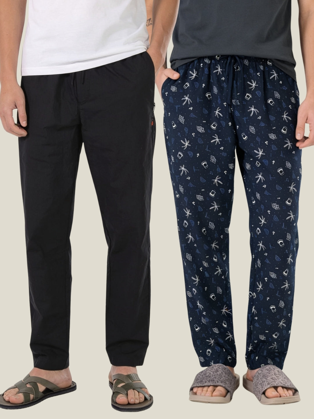 Boxy Crew Men's Cotton Lounge Pyjama Pack of 2 - Black & Navy Blue, No Marks Elastic, Zipper Pocket front studio view