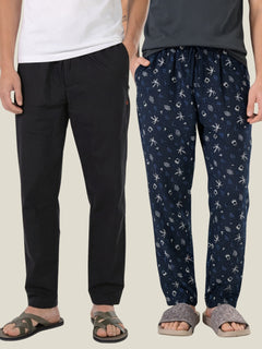 Boxy Crew Men's Cotton Lounge Pyjama Pack of 2 - Black & Navy Blue, No Marks Elastic, Zipper Pocket front studio view