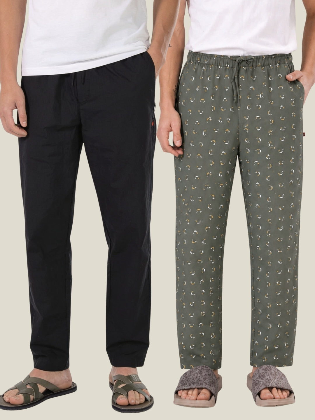 Boxy Crew Men's Cotton Lounge Pyjama Pack of 2 - Black & Green, No Marks Elastic, Zipper Pocket front studio view