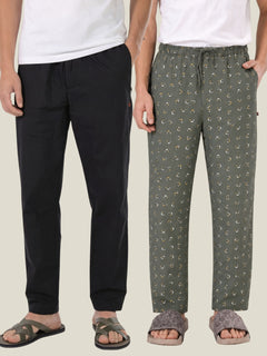 Boxy Crew Men's Cotton Lounge Pyjama Pack of 2 - Black & Green, No Marks Elastic, Zipper Pocket front studio view
