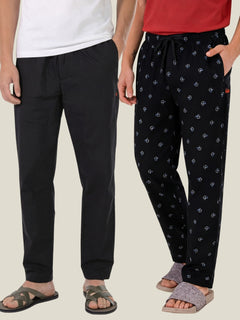 Boxy Crew Men's Cotton Lounge Pyjama Pack of 2 - Black & Navy Blue, No Marks Elastic, Zipper Pocket front studio view