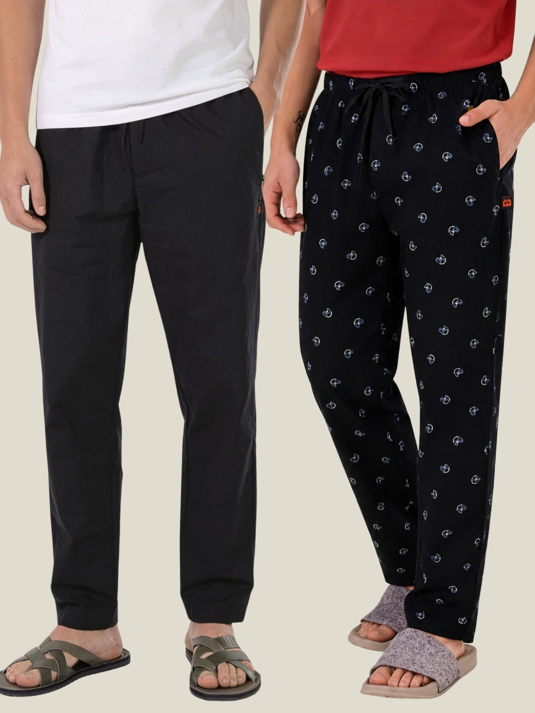 Boxy Crew Men's Cotton Lounge Pyjama Pack of 2 - Black & Navy Blue, No Marks Elastic, Zipper Pocket front studio view