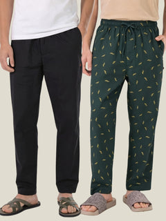 Boxy Crew Men's Cotton Lounge Pyjama Pack of 2 - Black & Dark Teal, No Marks Elastic, Zipper Pocket front studio view