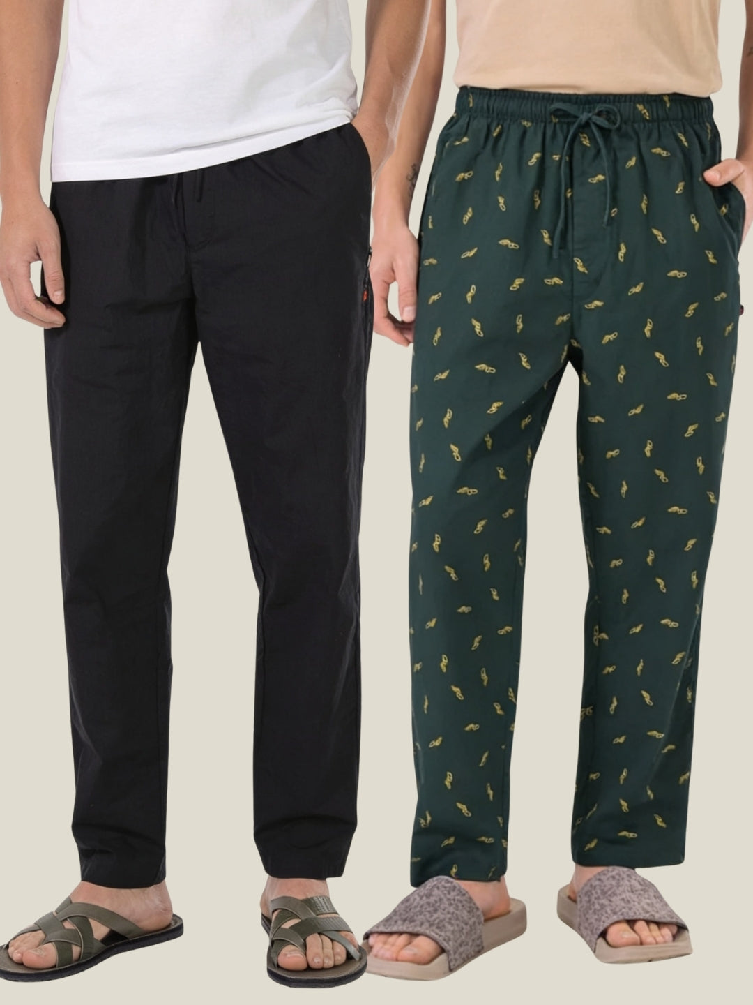 Boxy Crew Men's Cotton Lounge Pyjama Pack of 2 - Black & Dark Teal, No Marks Elastic, Zipper Pocket front studio view