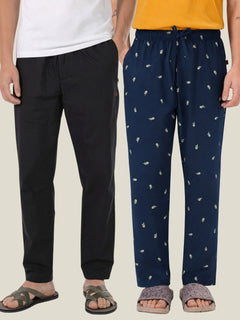 Boxy Crew Men's Cotton Lounge Pyjama Pack of 2 - Black & Navy Blue, No Marks Elastic, Zipper Pocket front studio view