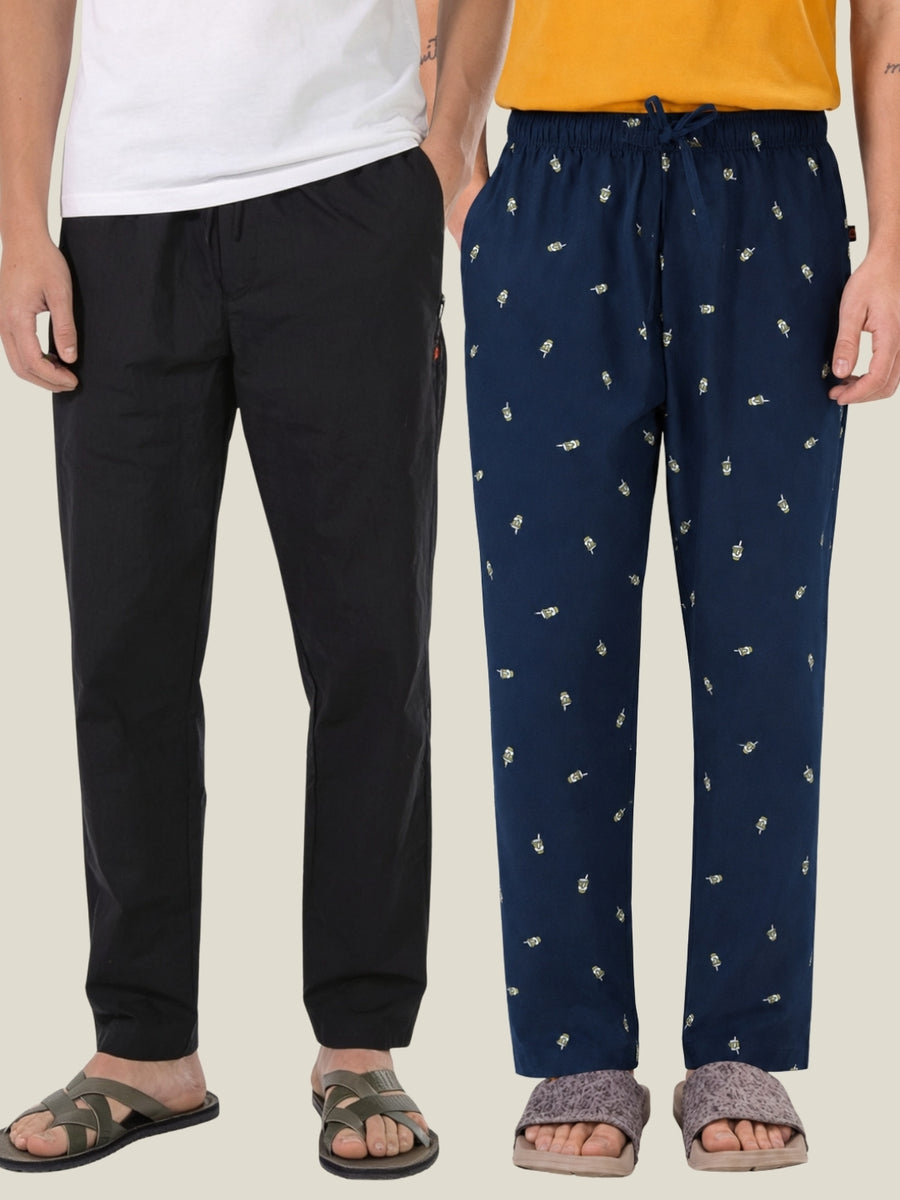 Boxy Crew Men's Cotton Lounge Pyjama Pack of 2 - Black & Navy Blue, No Marks Elastic, Zipper Pocket front studio view