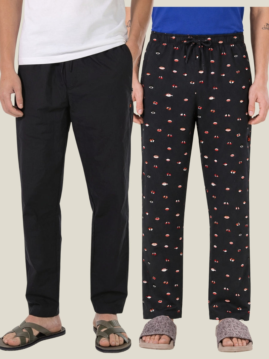 Boxy Crew Men's Cotton Lounge Pyjama Pack of 2 - Black & Charcoal, No Marks Elastic, Zipper Pocket front studio view