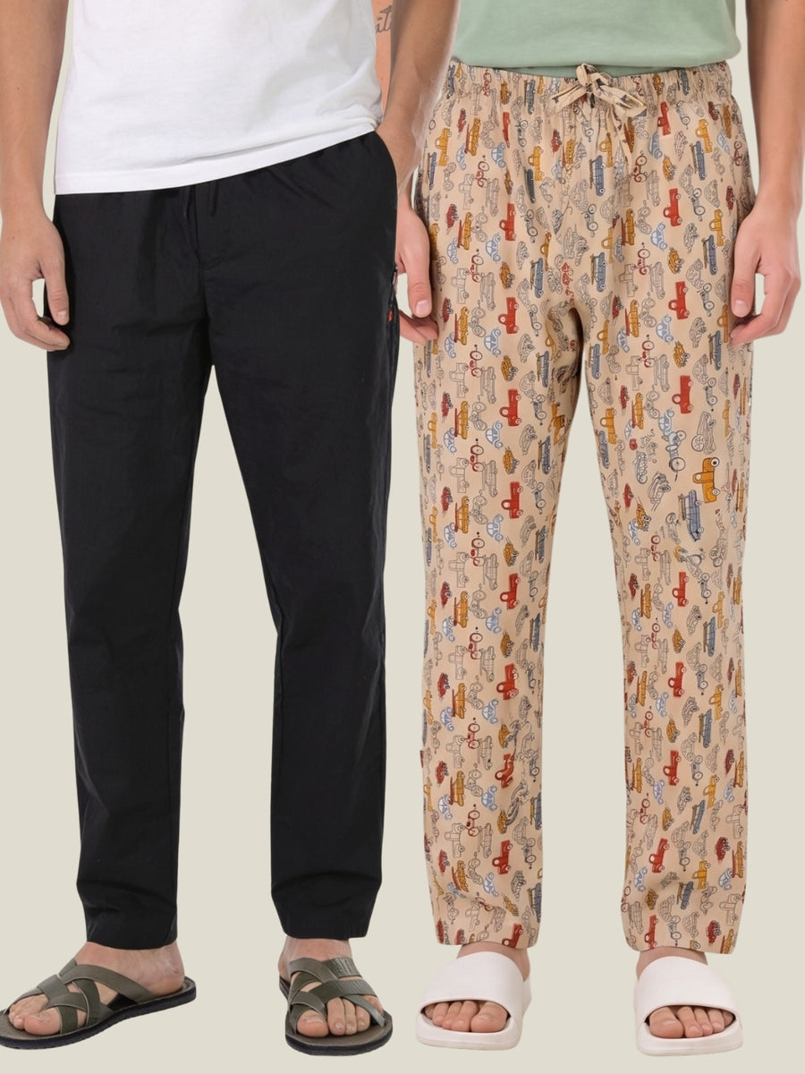 Boxy Crew Men's Cotton Lounge Pyjama Pack of 2 - Black & Beige, No Marks Elastic, Zipper Pocket front studio view