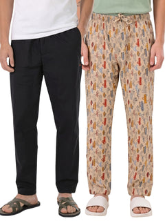 Boxy Crew Men's Cotton Lounge Pyjama Pack of 2 - Black & Beige, No Marks Elastic, Zipper Pocket product view 8