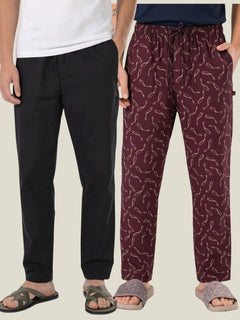 Boxy Crew Men's Cotton Lounge Pyjama Pack of 2 - Black & Maroon, No Marks Elastic, Zipper Pocket front studio view