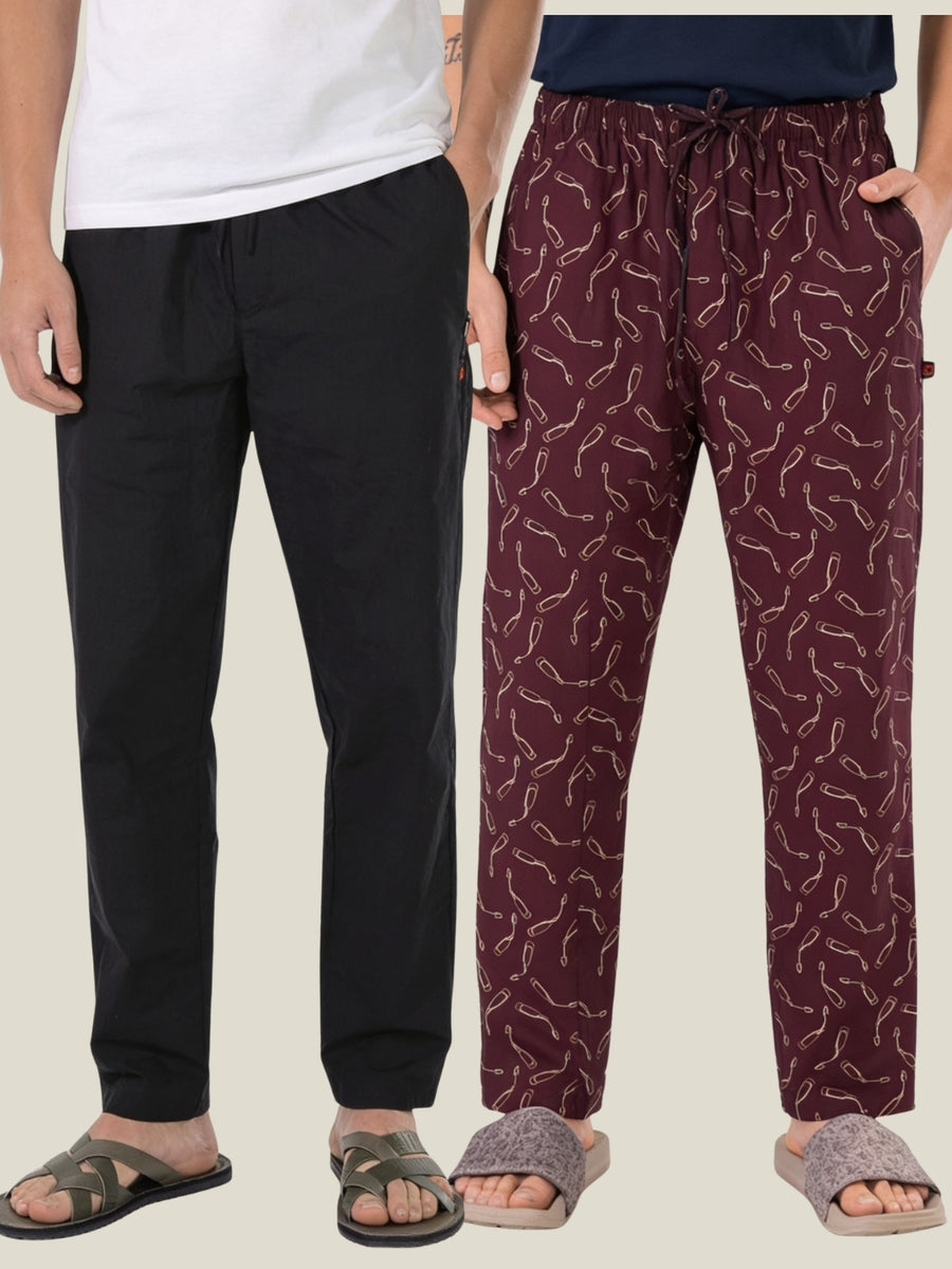 Boxy Crew Men's Cotton Lounge Pyjama Pack of 2 - Black & Maroon, No Marks Elastic, Zipper Pocket front studio view