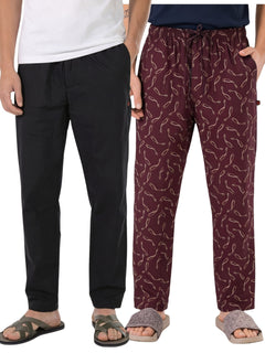 Boxy Crew Men's Cotton Lounge Pyjama Pack of 2 - Black & Maroon, No Marks Elastic, Zipper Pocket product view 8