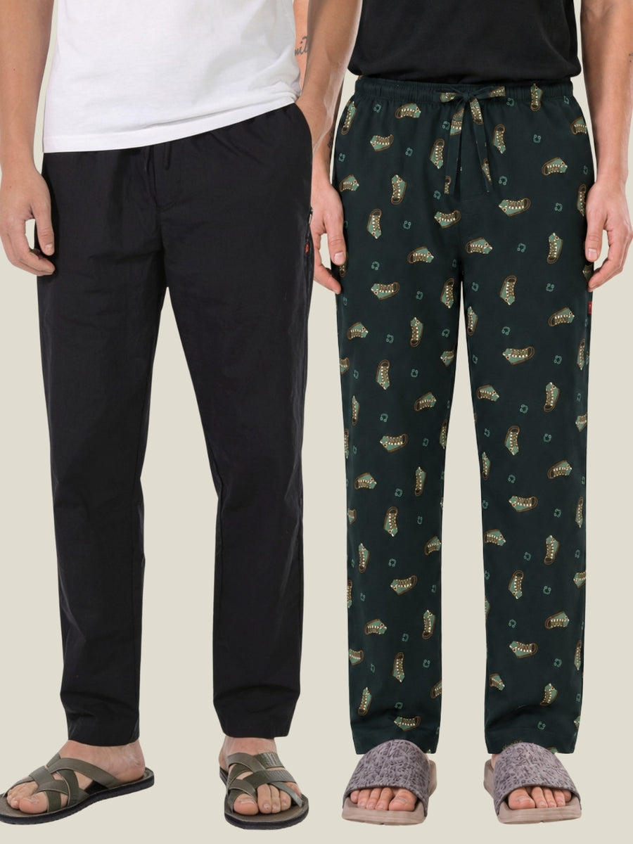 Boxy Crew Men's Cotton Lounge Pyjama Pack of 2 - Black & Dark Teal, No Marks Elastic, Zipper Pocket front studio view