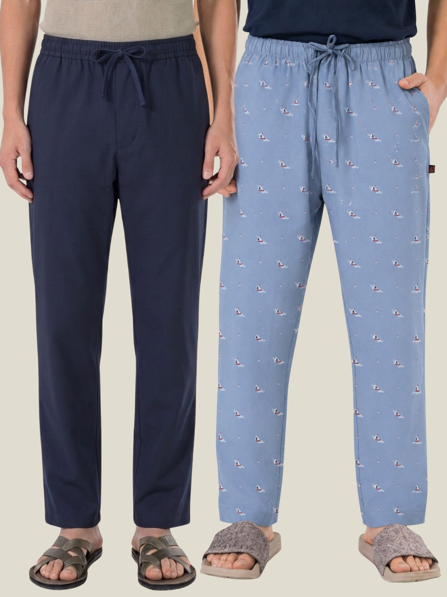 Boxy Crew Men's Cotton Lounge Pyjama Pack of 2 - Navy Blue & Sky Blue, No Marks Elastic, Zipper Pocket front studio view