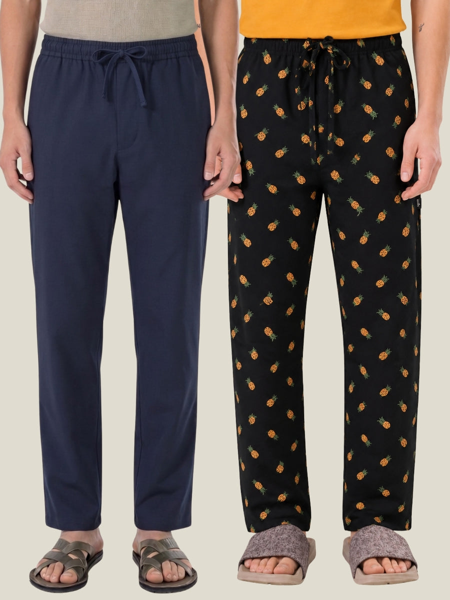 Boxy Crew Men's Cotton Lounge Pyjama Pack of 2 - Navy Blue & Charcoal, No Marks Elastic, Zipper Pocket front studio view