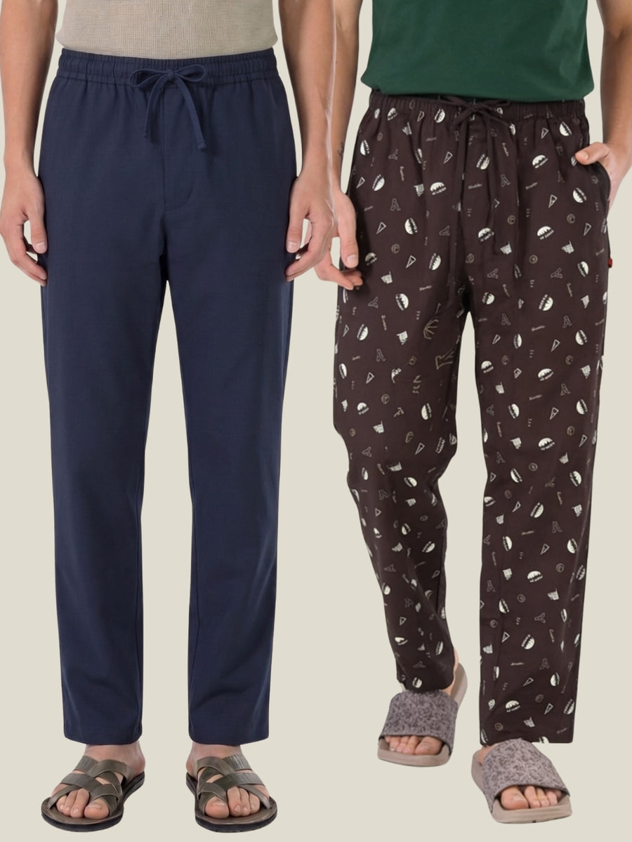 Boxy Crew Men's Cotton Lounge Pyjama Pack of 2 - Navy Blue & Brown, No Marks Elastic, Zipper Pocket front studio view
