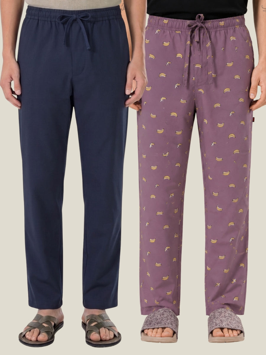 Boxy Crew Men's Cotton Lounge Pyjama Pack of 2 - Navy Blue & Rose Pink, No Marks Elastic, Zipper Pocket front studio view