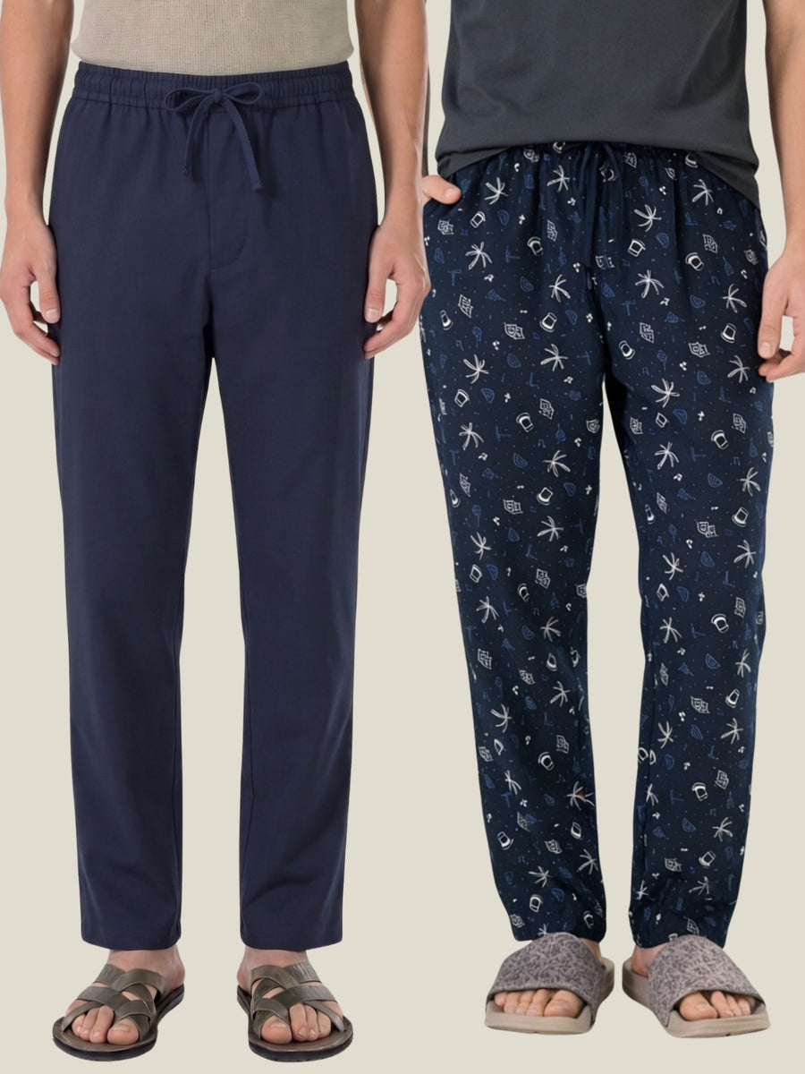 Boxy Crew Men's Cotton Lounge Pyjama Pack of 2 - Navy Blue & Navy Blue, No Marks Elastic, Zipper Pocket front studio view
