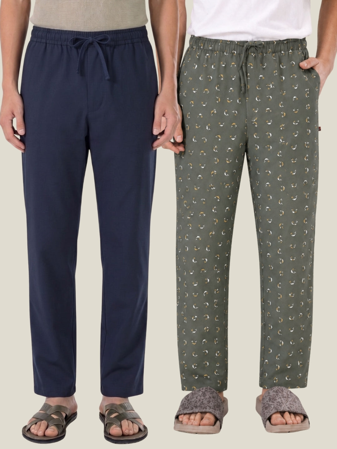 Boxy Crew Men's Cotton Lounge Pyjama Pack of 2 - Navy Blue & Green, No Marks Elastic, Zipper Pocket front studio view