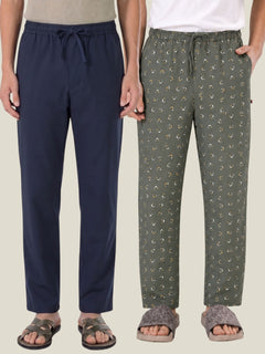 Boxy Crew Men's Cotton Lounge Pyjama Pack of 2 - Navy Blue & Green, No Marks Elastic, Zipper Pocket front studio view