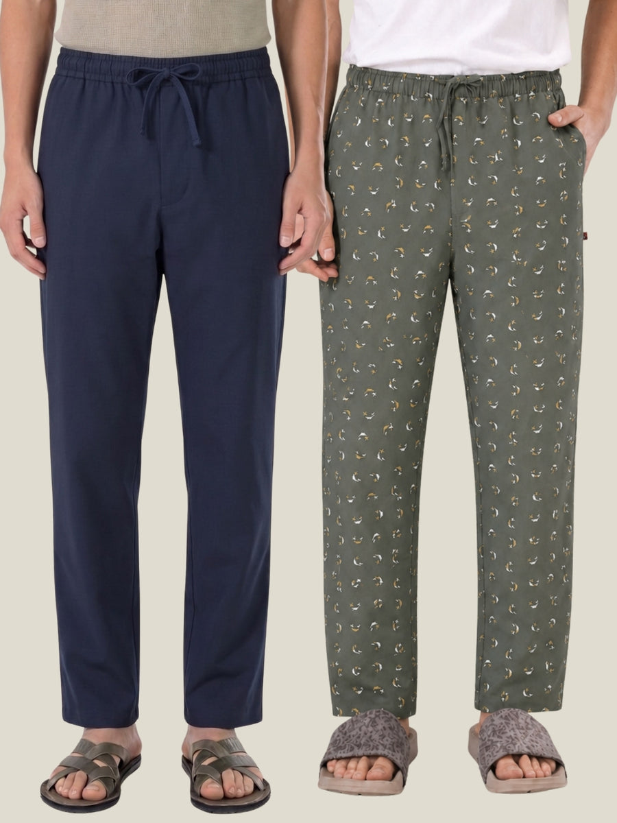 Boxy Crew Men's Cotton Lounge Pyjama Pack of 2 - Navy Blue & Green, No Marks Elastic, Zipper Pocket front studio view