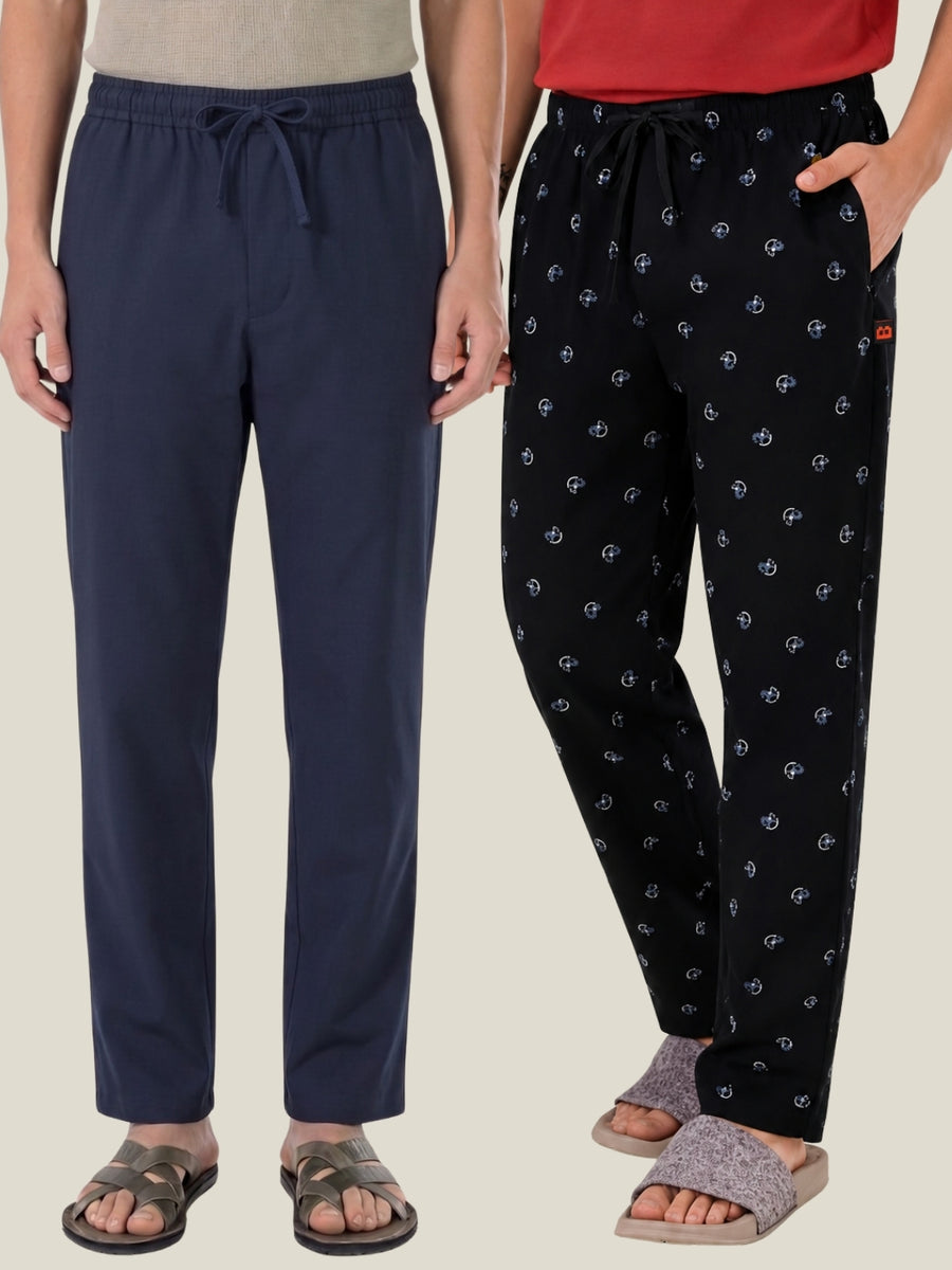 Boxy Crew Men's Cotton Lounge Pyjama Pack of 2 - Navy Blue & Navy Blue, No Marks Elastic, Zipper Pocket front studio view
