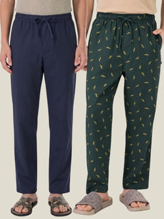 Boxy Crew Men's Cotton Lounge Pyjama Pack of 2 - Navy Blue & Dark Teal, No Marks Elastic, Zipper Pocket front studio view