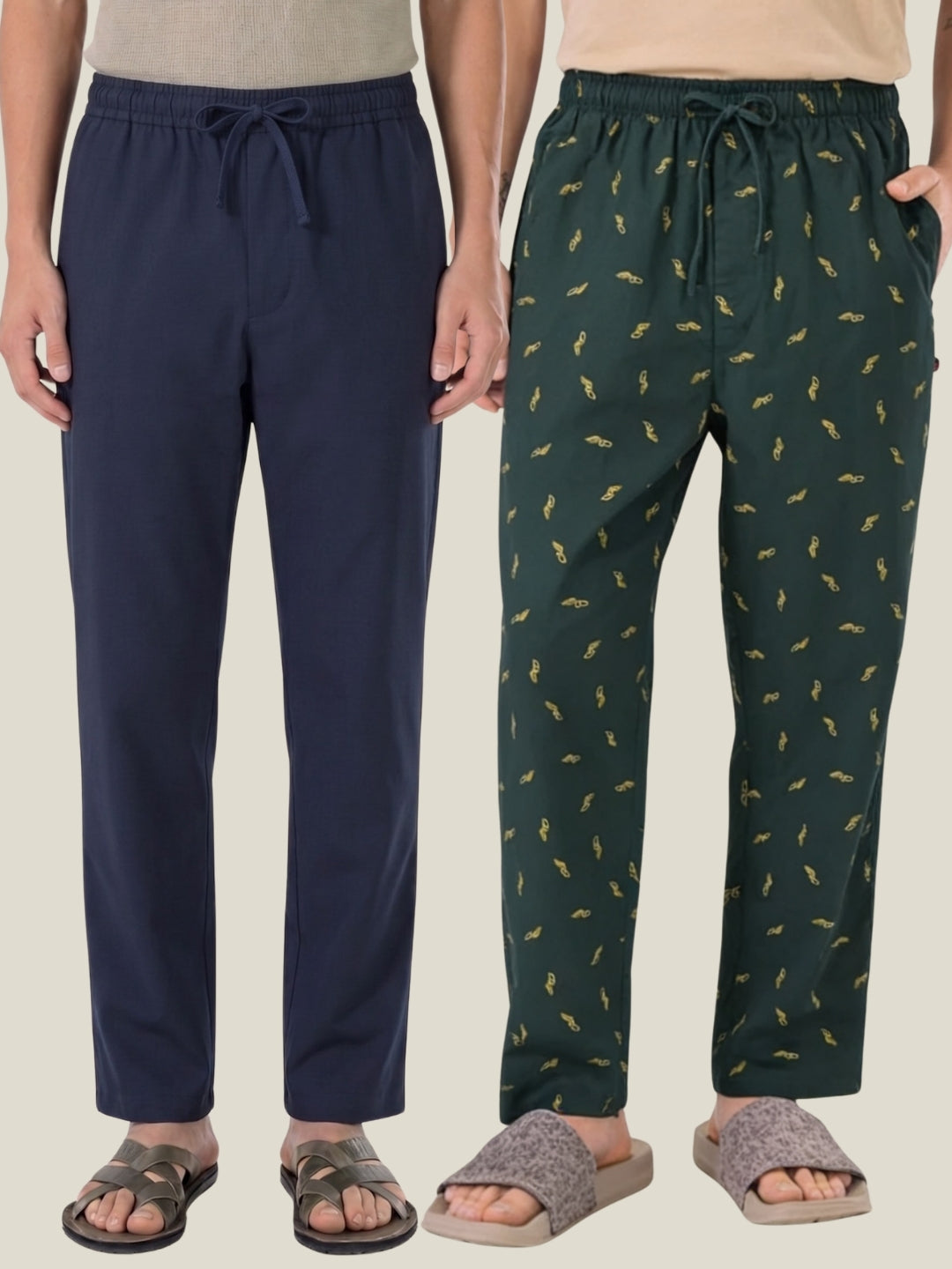 Boxy Crew Men's Cotton Lounge Pyjama Pack of 2 - Navy Blue & Dark Teal, No Marks Elastic, Zipper Pocket front studio view