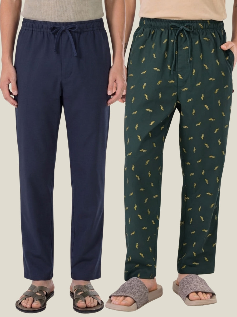 Boxy Crew Men's Cotton Lounge Pyjama Pack of 2 - Navy Blue & Dark Teal, No Marks Elastic, Zipper Pocket front studio view