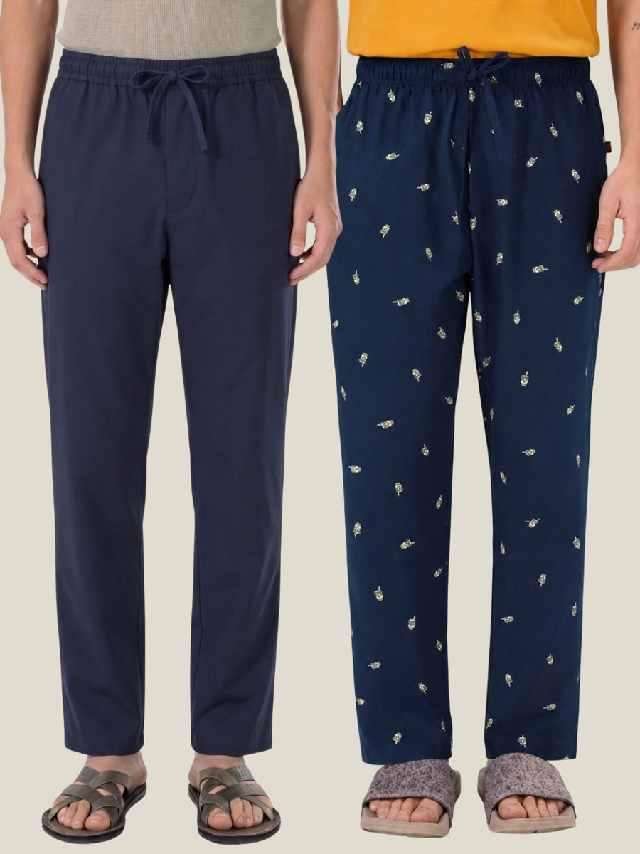 Boxy Crew Men's Cotton Lounge Pyjama Pack of 2 - Navy Blue & Navy Blue, No Marks Elastic, Zipper Pocket front studio view