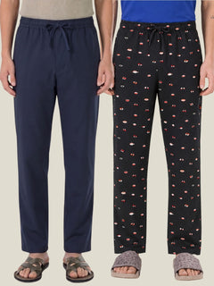 Boxy Crew Men's Cotton Lounge Pyjama Pack of 2 - Navy Blue & Charcoal, No Marks Elastic, Zipper Pocket front studio view