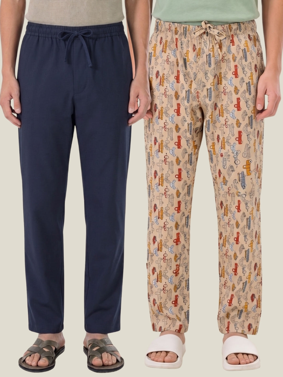 Boxy Crew Men's Cotton Lounge Pyjama Pack of 2 - Navy Blue & Beige, No Marks Elastic, Zipper Pocket front studio view