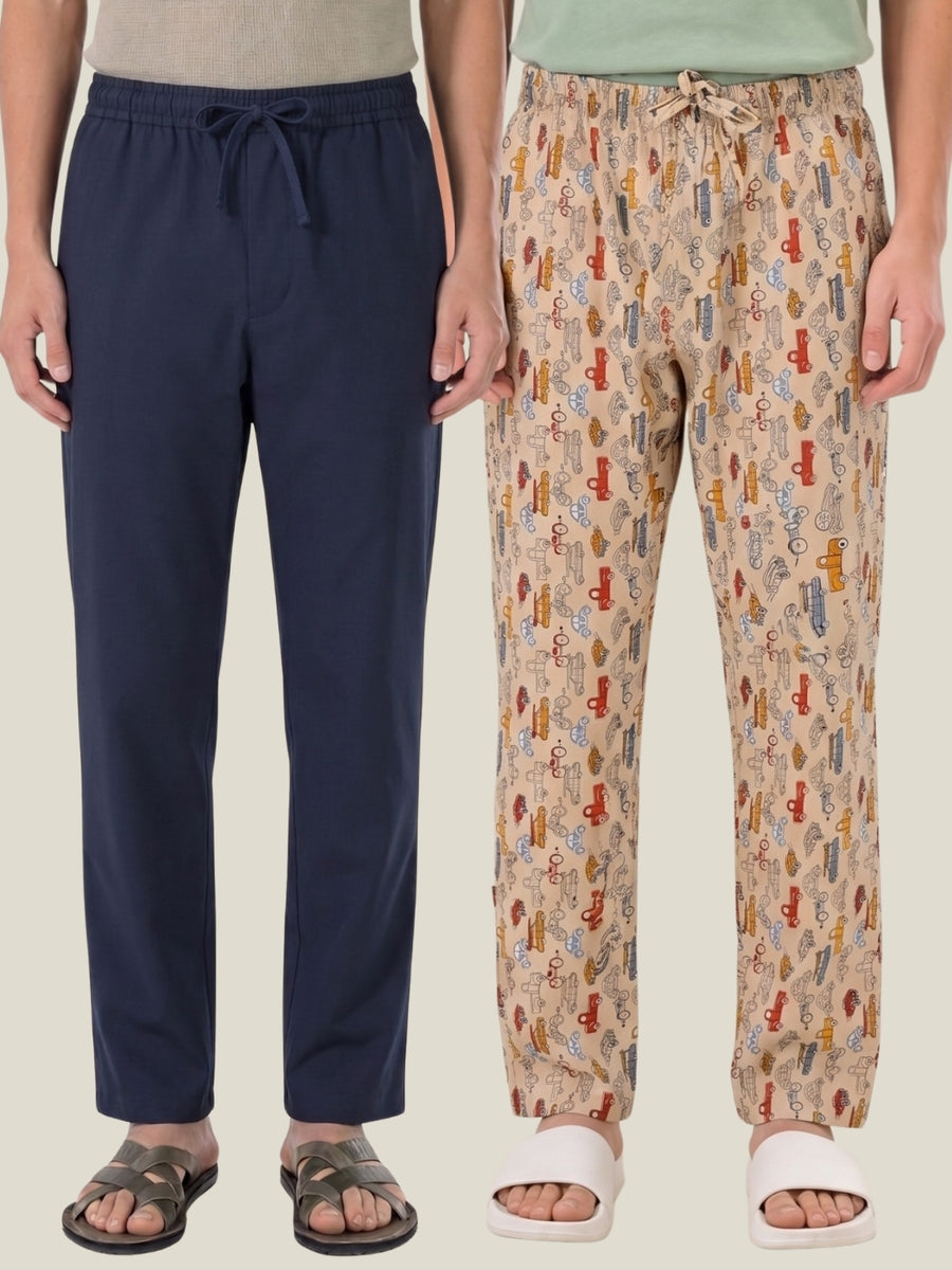 Boxy Crew Men's Cotton Lounge Pyjama Pack of 2 - Navy Blue & Beige, No Marks Elastic, Zipper Pocket front studio view