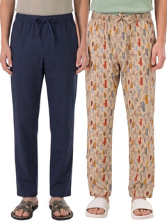 Boxy Crew Men's Cotton Lounge Pyjama Pack of 2 - Navy Blue & Beige, No Marks Elastic, Zipper Pocket product view 8