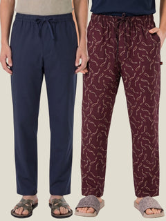 Boxy Crew Men's Cotton Lounge Pyjama Pack of 2 - Navy Blue & Maroon, No Marks Elastic, Zipper Pocket front studio view
