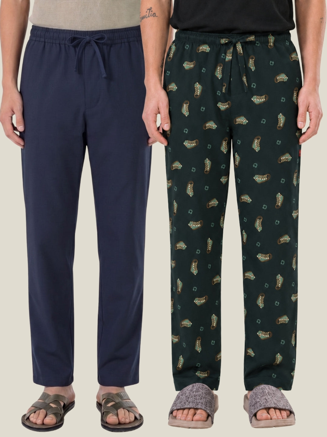 Boxy Crew Men's Cotton Lounge Pyjama Pack of 2 - Navy Blue & Dark Teal, No Marks Elastic, Zipper Pocket front studio view