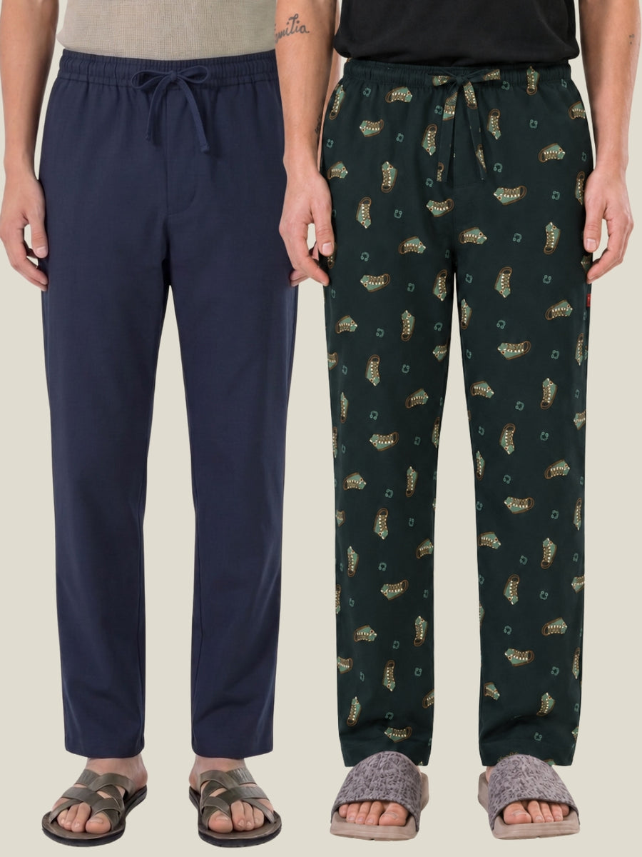 Boxy Crew Men's Cotton Lounge Pyjama Pack of 2 - Navy Blue & Dark Teal, No Marks Elastic, Zipper Pocket front studio view