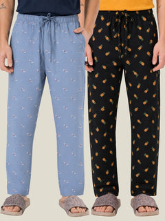 Boxy Crew Men's Cotton Lounge Pyjama Pack of 2 - Sky Blue & Charcoal, No Marks Elastic, Zipper Pocket front studio view