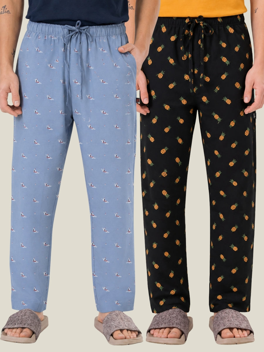 Boxy Crew Men's Cotton Lounge Pyjama Pack of 2 - Sky Blue & Charcoal, No Marks Elastic, Zipper Pocket front studio view