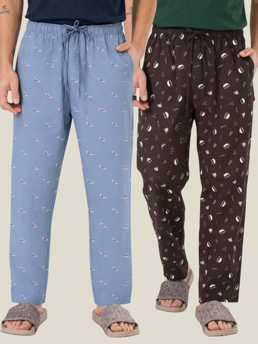 Boxy Crew Men's Cotton Lounge Pyjama Pack of 2 - Sky Blue & Brown, No Marks Elastic, Zipper Pocket front studio view