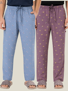 Boxy Crew Men's Cotton Lounge Pyjama Pack of 2 - Sky Blue & Rose Pink, No Marks Elastic, Zipper Pocket front studio view