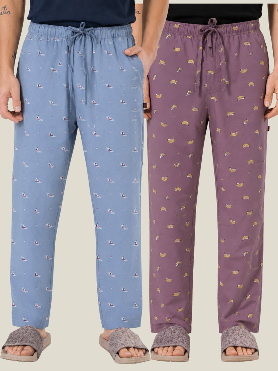 Boxy Crew Men's Cotton Lounge Pyjama Pack of 2 - Sky Blue & Rose Pink, No Marks Elastic, Zipper Pocket front studio view