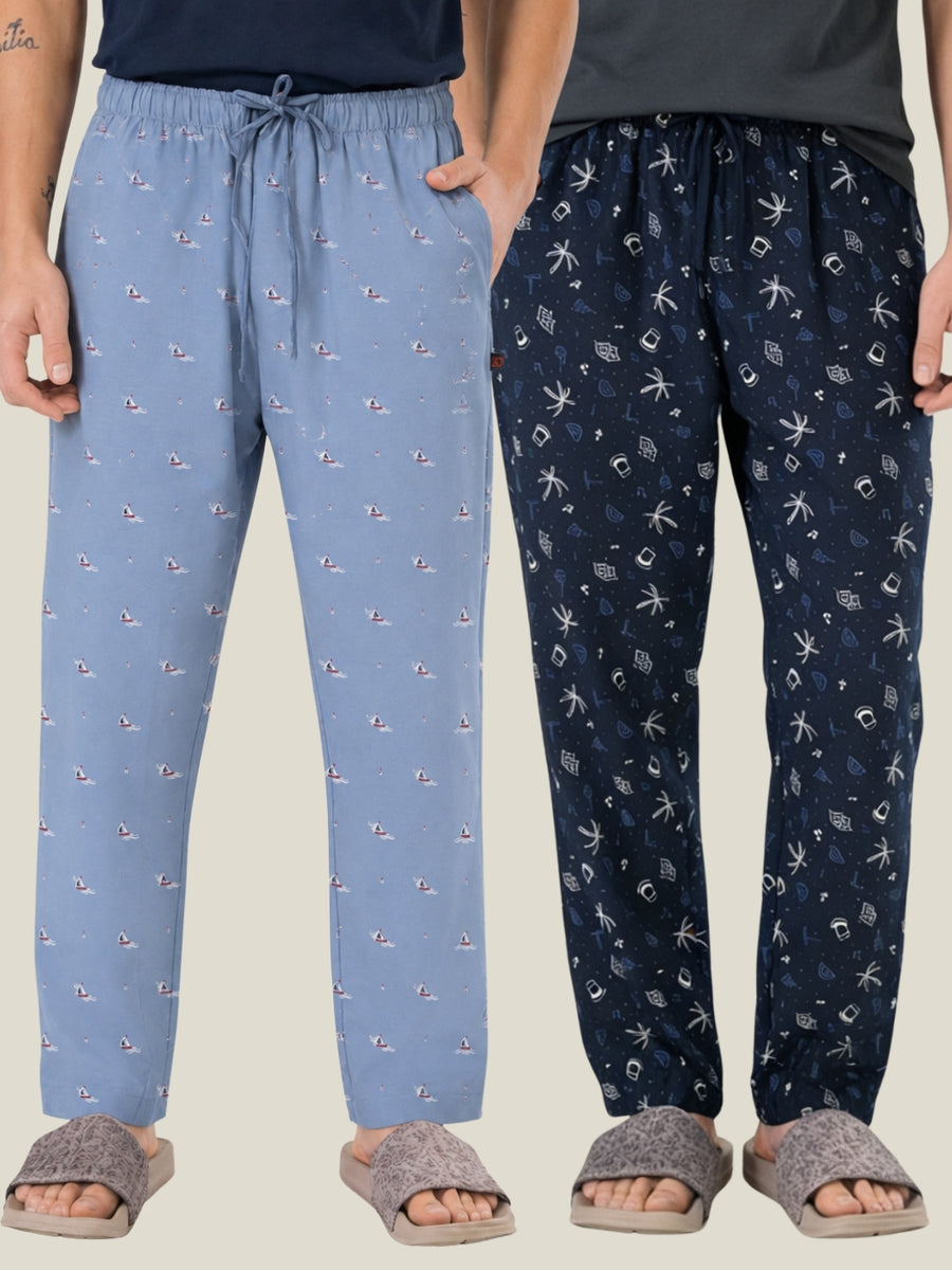 Boxy Crew Men's Cotton Lounge Pyjama Pack of 2 - Sky Blue & Navy Blue, No Marks Elastic, Zipper Pocket front studio view
