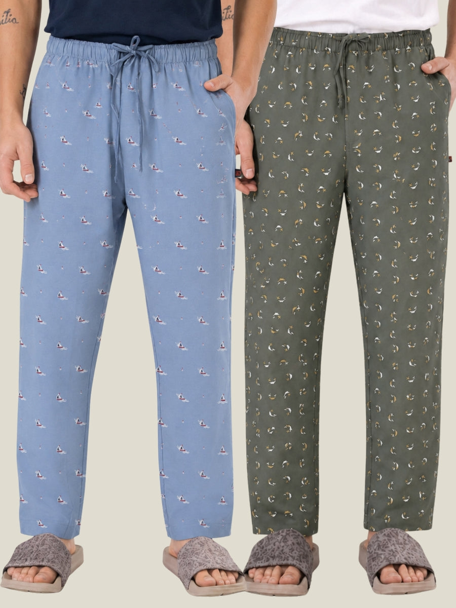 Boxy Crew Men's Cotton Lounge Pyjama Pack of 2 - Sky Blue & Green, No Marks Elastic, Zipper Pocket front studio view