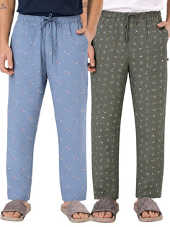 Boxy Crew Men's Cotton Lounge Pyjama Pack of 2 - Sky Blue & Green, No Marks Elastic, Zipper Pocket product view 8