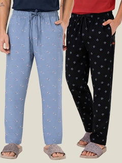 Boxy Crew Men's Cotton Lounge Pyjama Pack of 2 - Sky Blue & Navy Blue, No Marks Elastic, Zipper Pocket front studio view