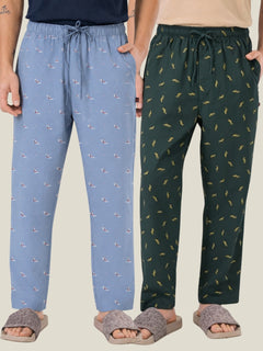 Boxy Crew Men's Cotton Lounge Pyjama Pack of 2 - Sky Blue & Dark Teal, No Marks Elastic, Zipper Pocket front studio view