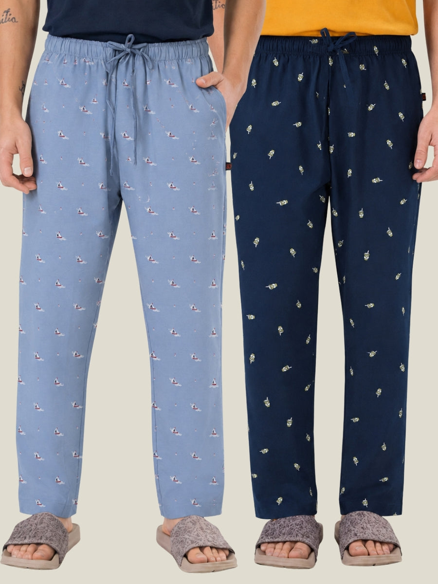 Boxy Crew Men's Cotton Lounge Pyjama Pack of 2 - Sky Blue & Navy Blue, No Marks Elastic, Zipper Pocket front studio view