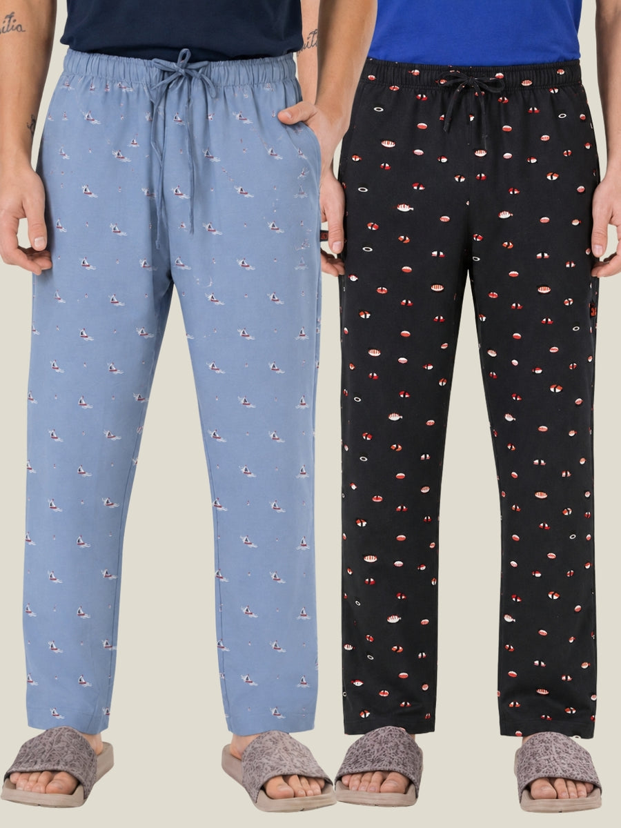 Boxy Crew Men's Cotton Lounge Pyjama Pack of 2 - Sky Blue & Charcoal, No Marks Elastic, Zipper Pocket front studio view