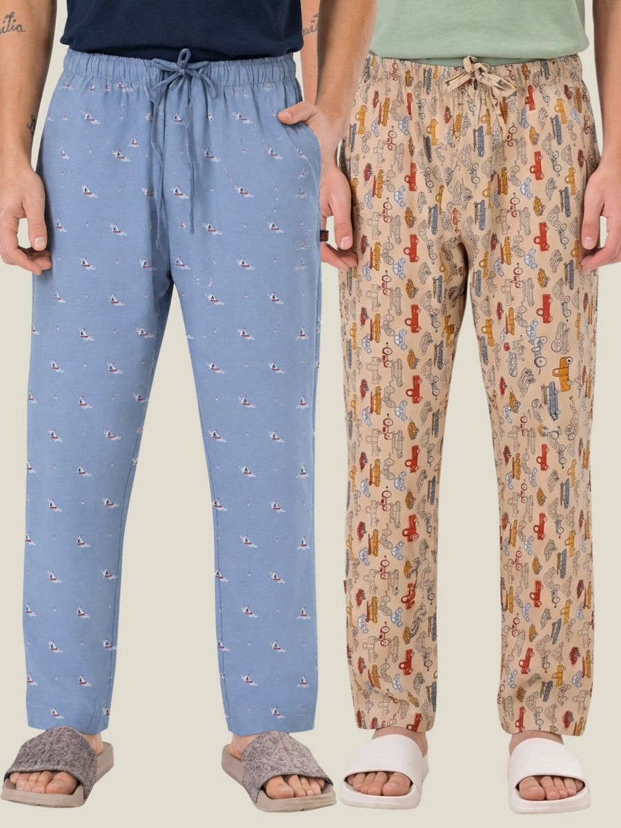 Boxy Crew Men's Cotton Lounge Pyjama Pack of 2 - Sky Blue & Beige, No Marks Elastic, Zipper Pocket front studio view